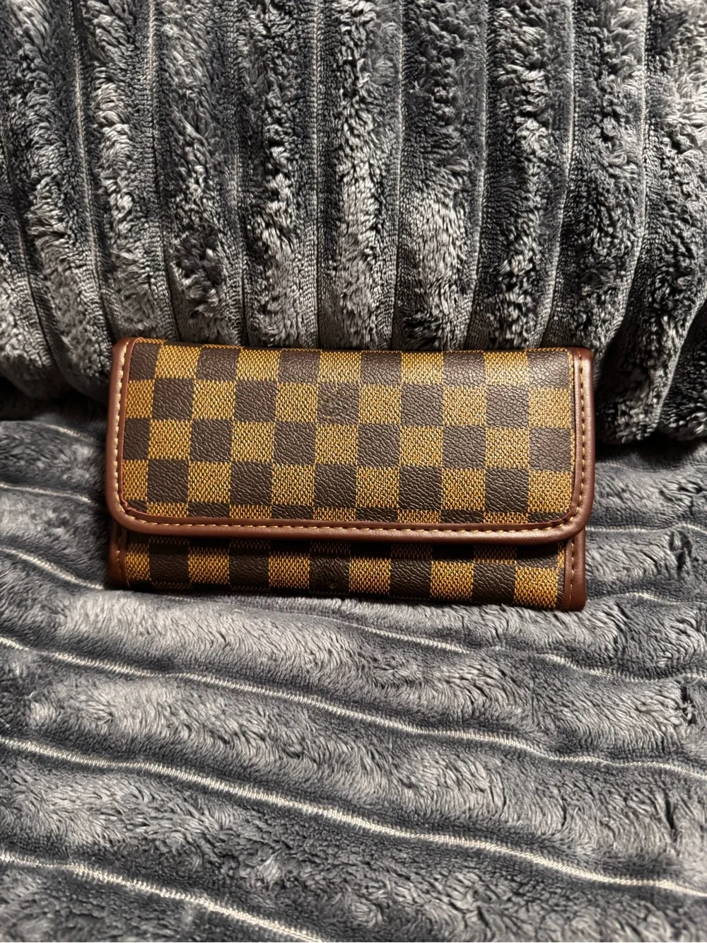 Brown Checkered Canvas Shoulder Bag AND wallet SET with Gold Hardware